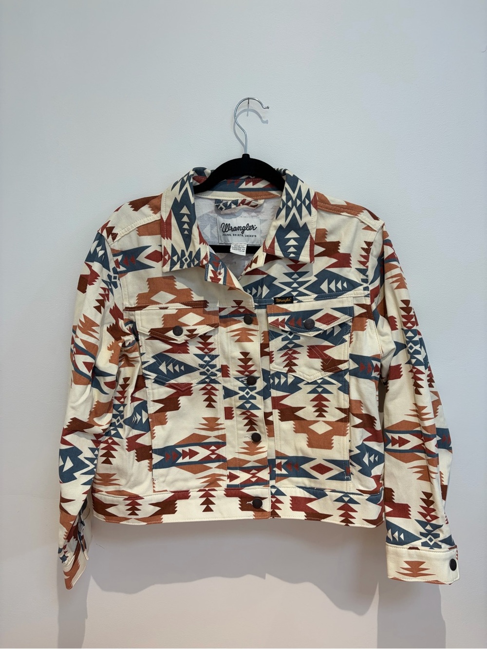 Wrangler Womens Southwestern Aztec Print Cropped Denim Jacket Western Size L